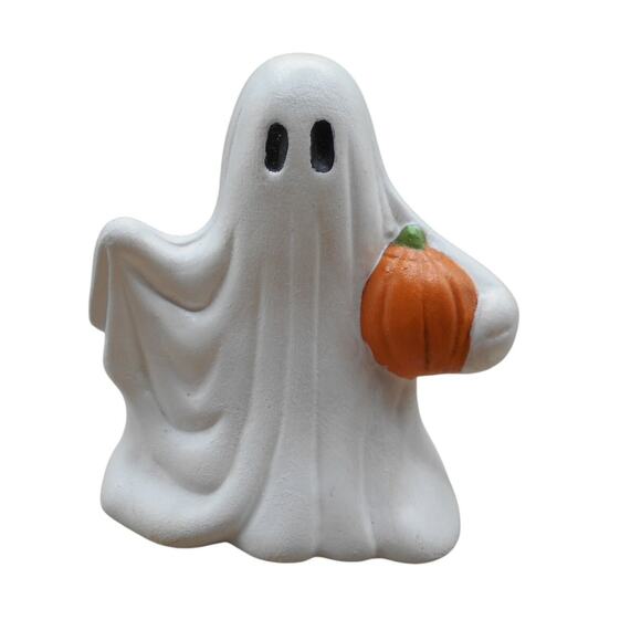 Ghost Holding Pumpkin 3" Hand Painted Halloween Ceramic Vintage - Picture 1 of 6